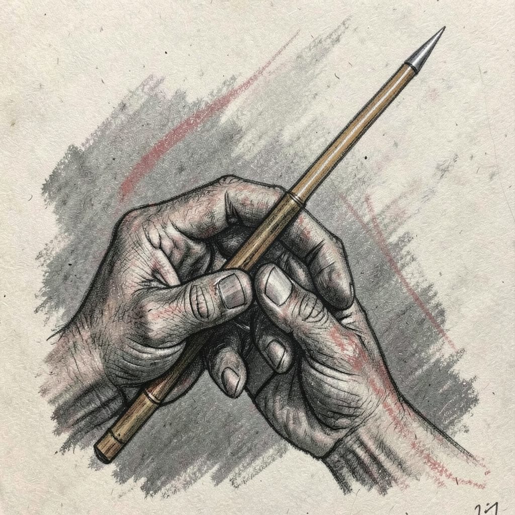 Charcoal portrait-style drawing of a Sak Yant master's hands holding a traditional bamboo needle tool, detailed linework showing the slender bamboo shaft and metal tip, warm grey tones on textured paper.
